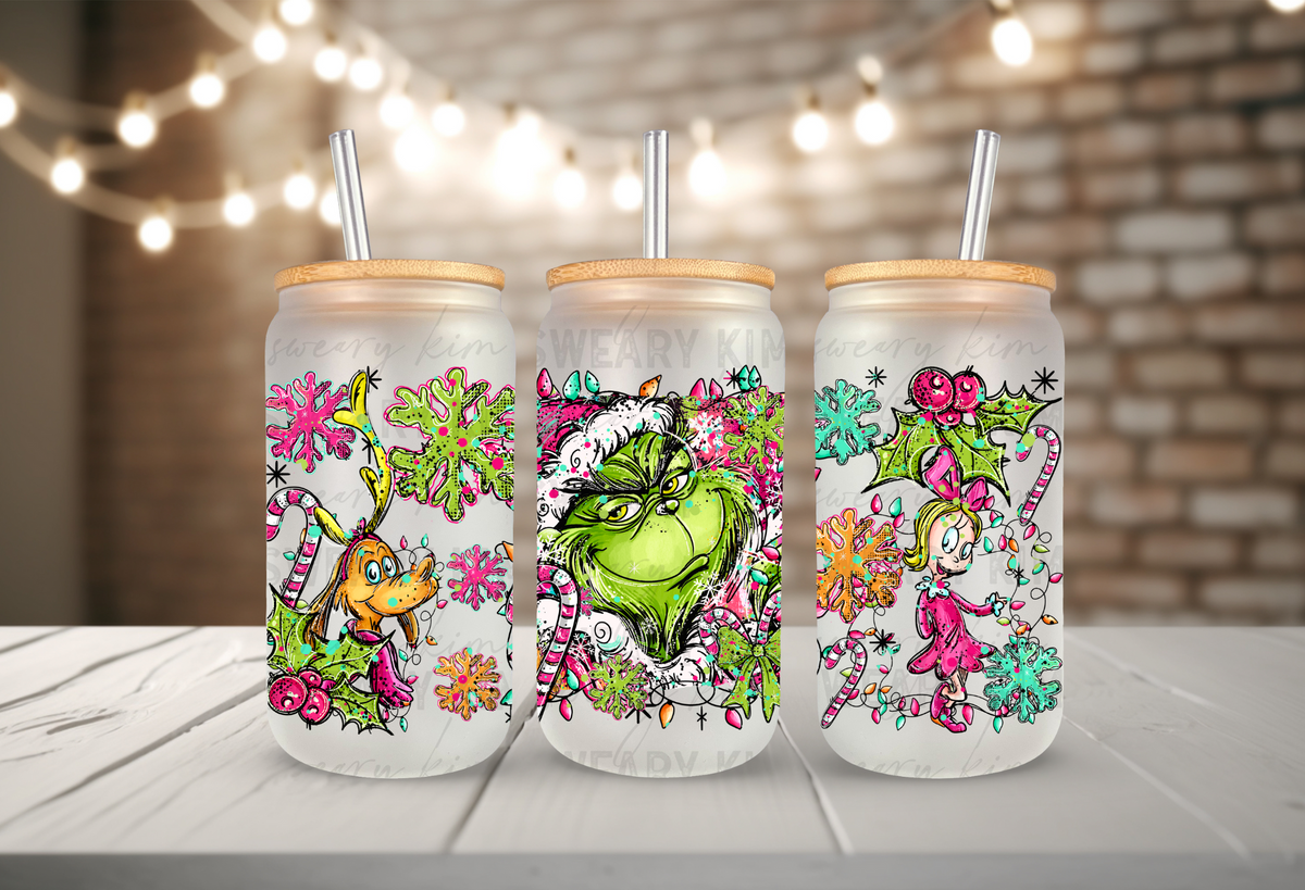 Digitized Colorful Green Man UV Dtf 16oz glass can wrap