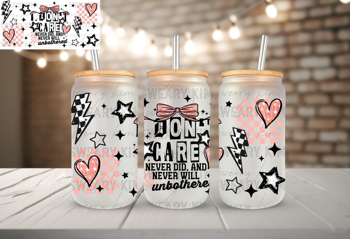 Don't Care Pink UV Dtf 16oz glass can wrap