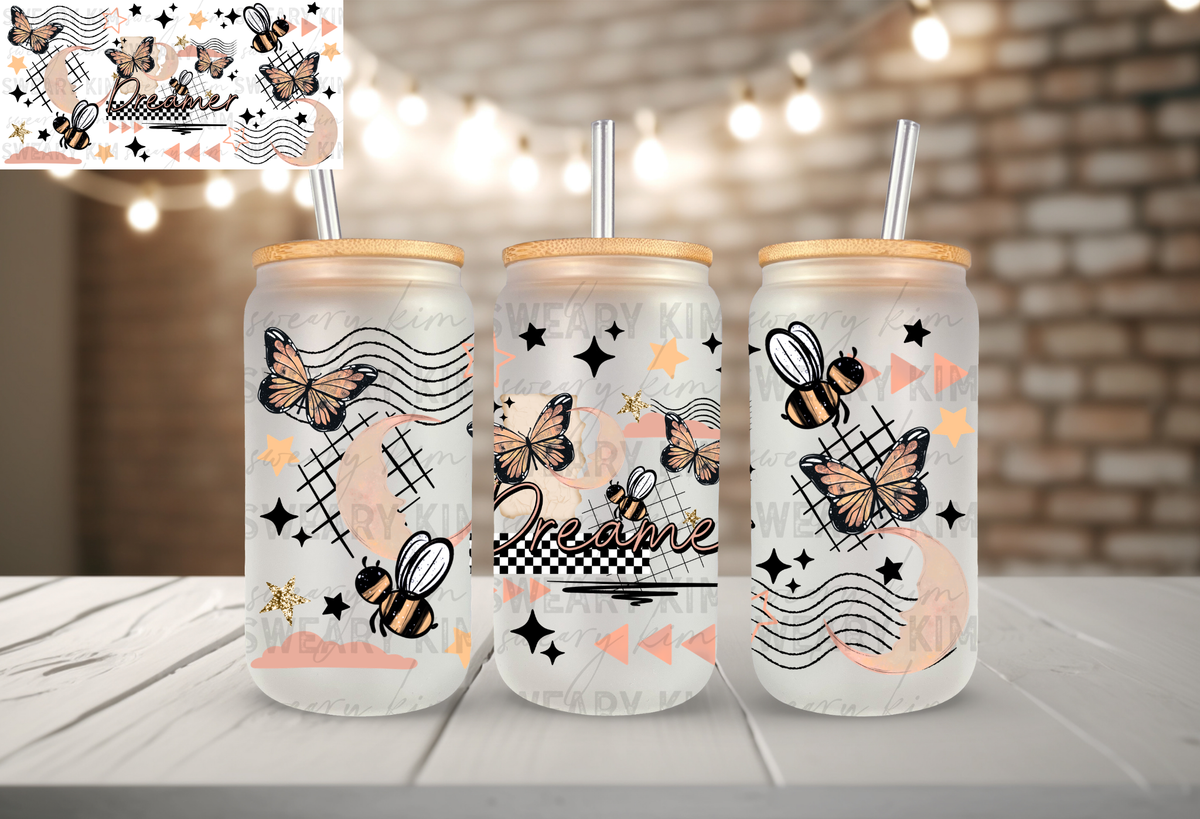 Dreamer Bees & Butterflies UV Dtf 16oz glass can wrap