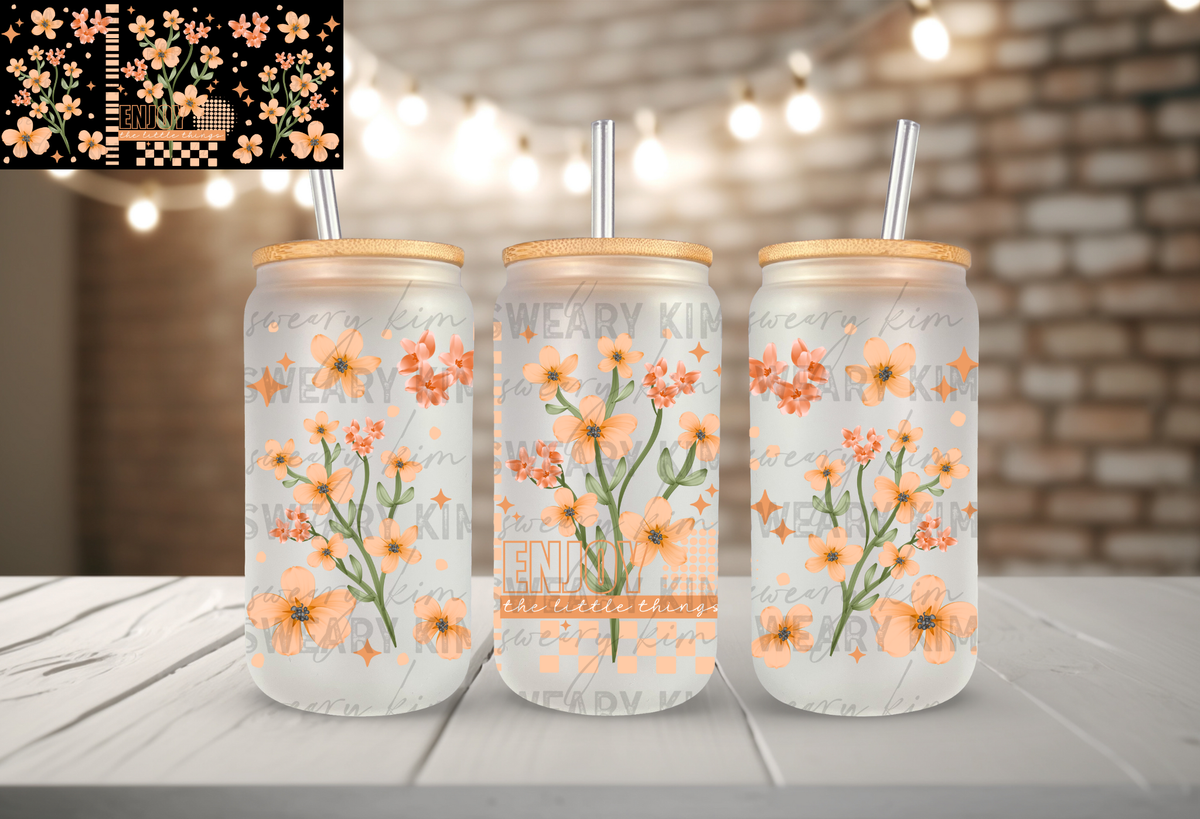 Enjoy The Little Things Peach Flowers UV Dtf 16oz glass can wrap
