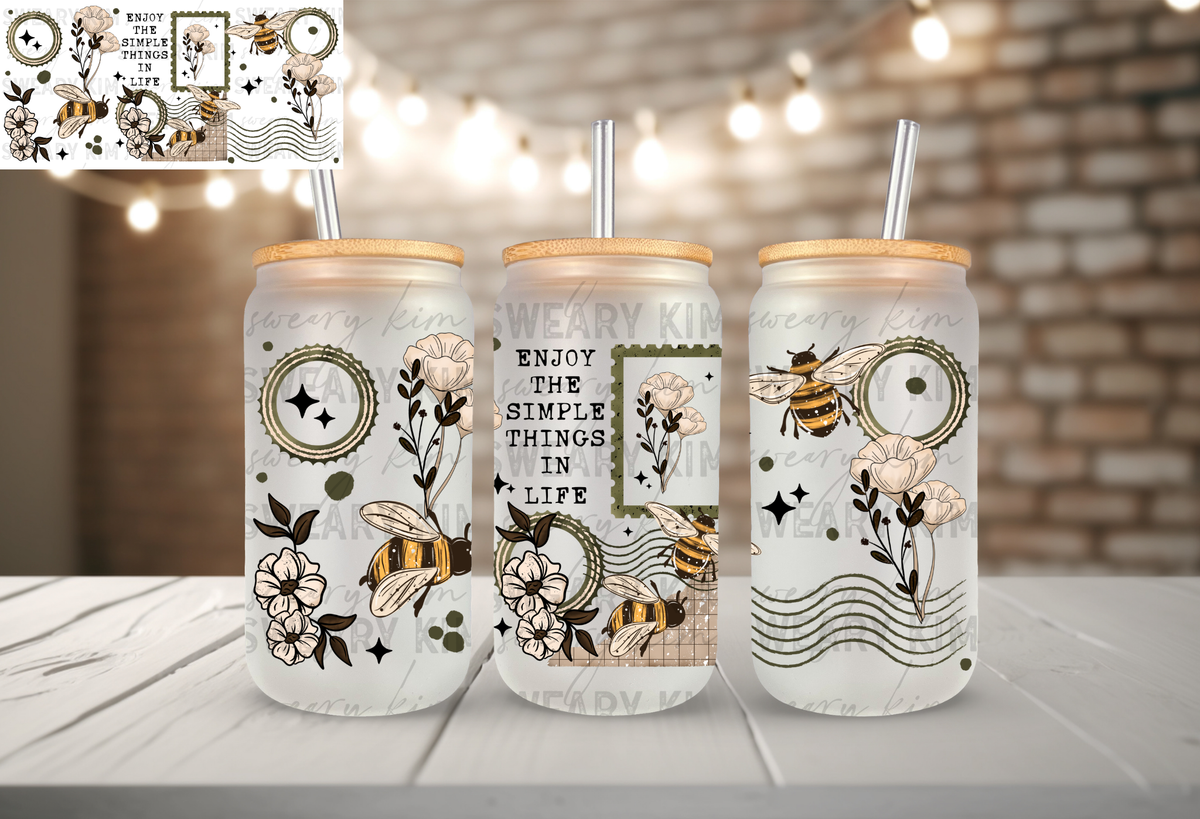 Simple Things In Life Bees UV Dtf 16oz glass can wrap