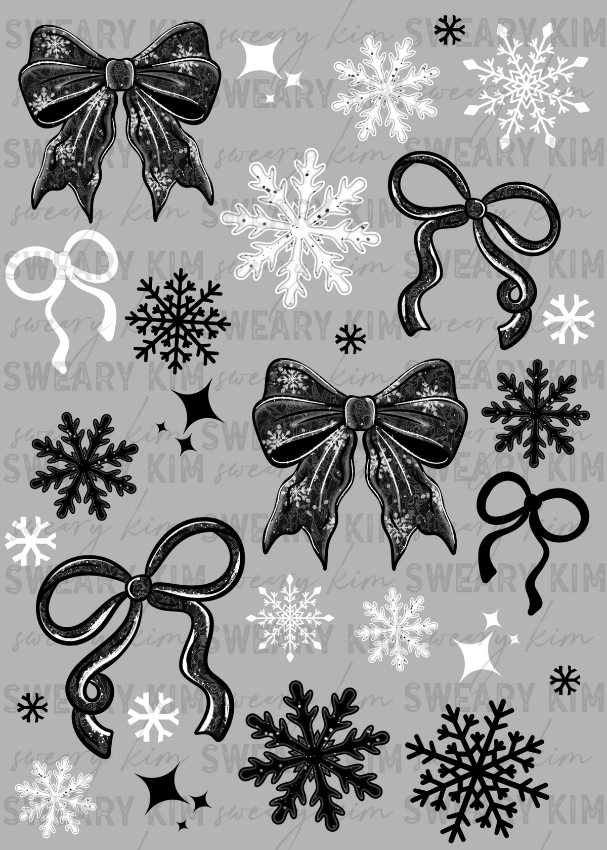 Exclusive B&W Bows & Snowflakes UV Dtf Element Sheet