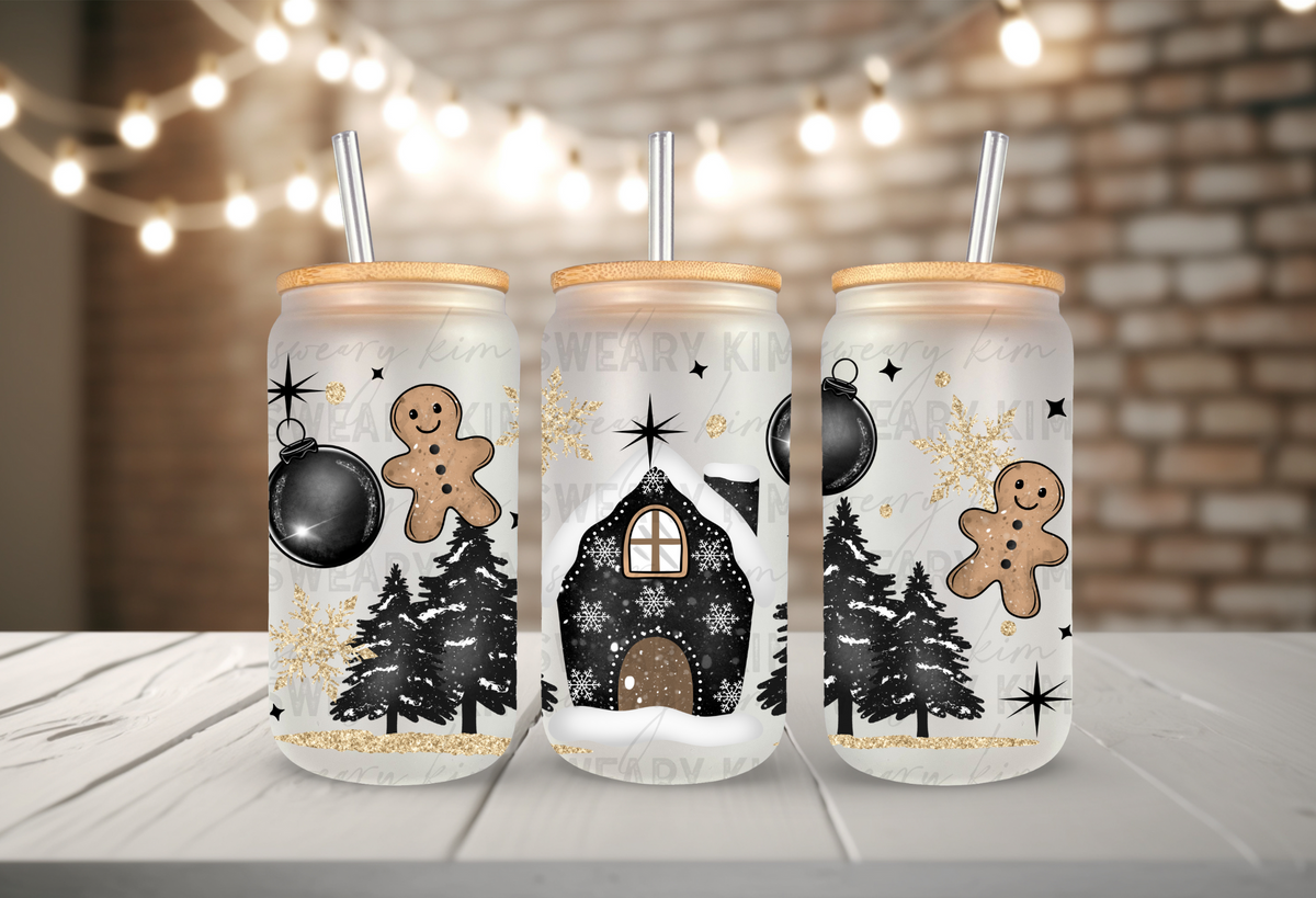 Exclusive Gingerbread House UV Dtf 16oz glass can wrap