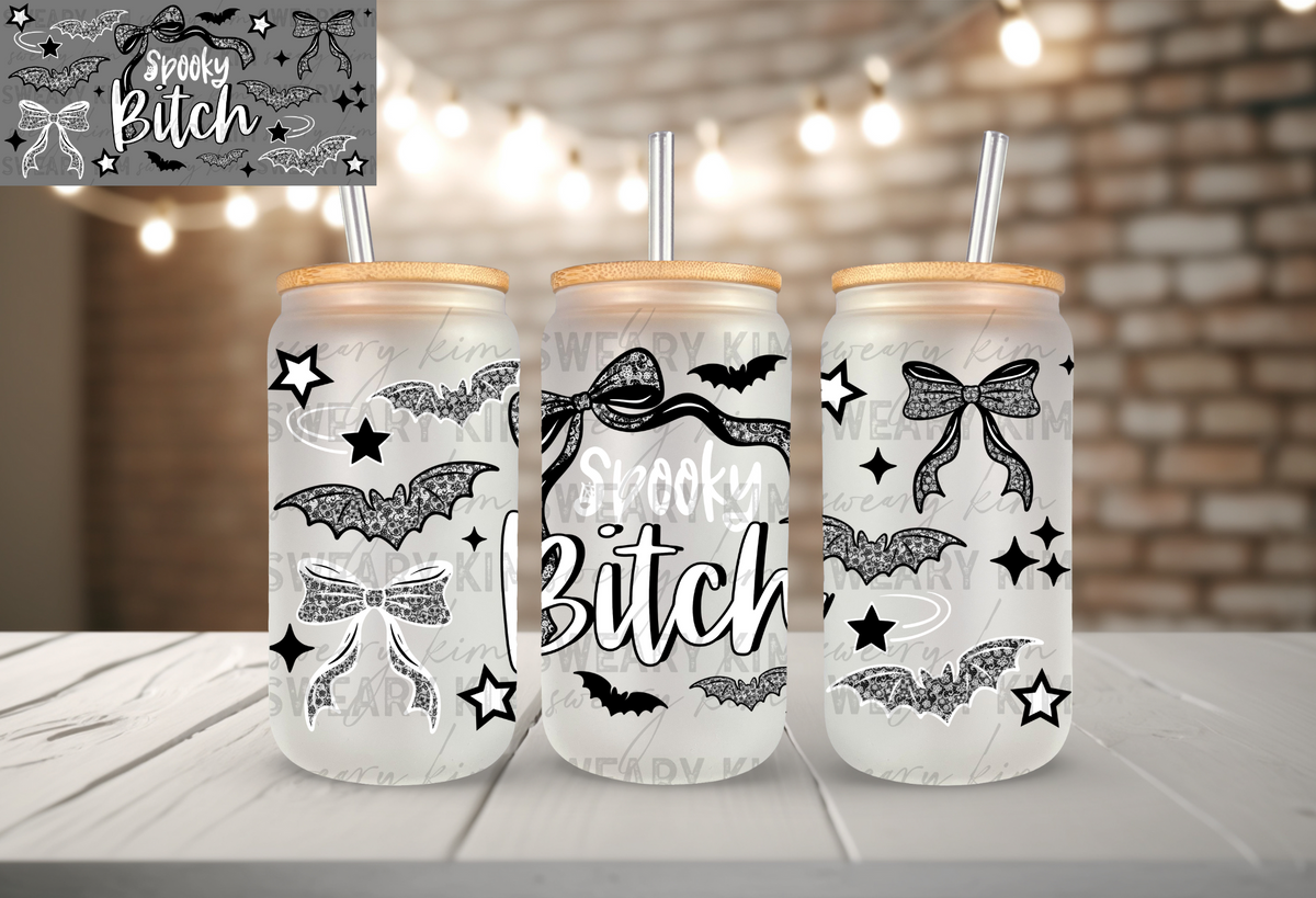 Exclusive Black Lace Spooky Bitch UV Dtf 16oz glass can wrap