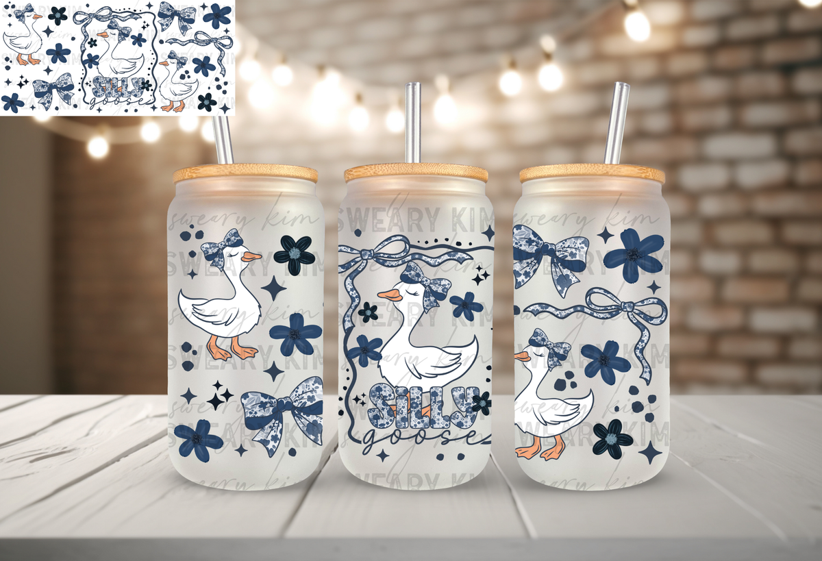 Exclusive Blue Vintage Silly Goose UV Dtf 16oz glass can wrap