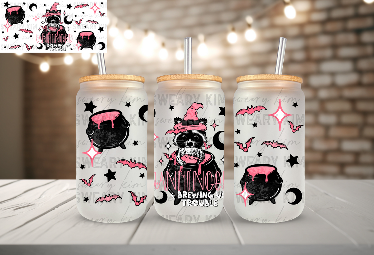 Exclusive Brewing Up Trouble UV Dtf 16oz glass can wrap