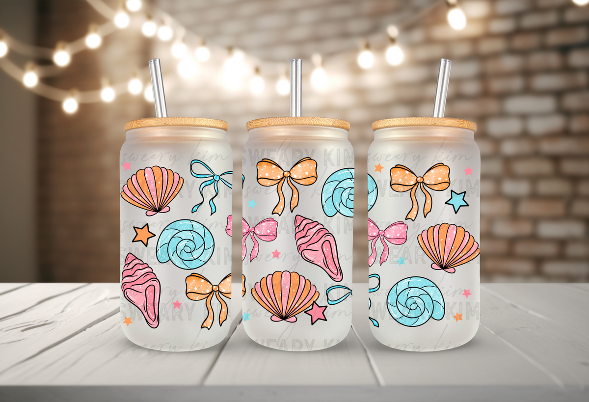 Exclusive Vibrant Seashells & Bows UV Dtf 16oz glass can wrap