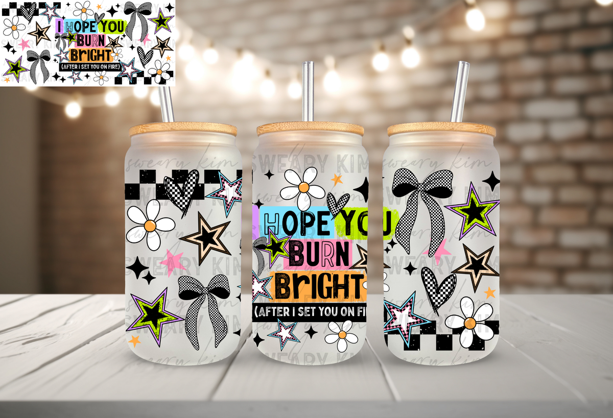 Exclusive Burn Bright UV Dtf 16oz glass can wrap