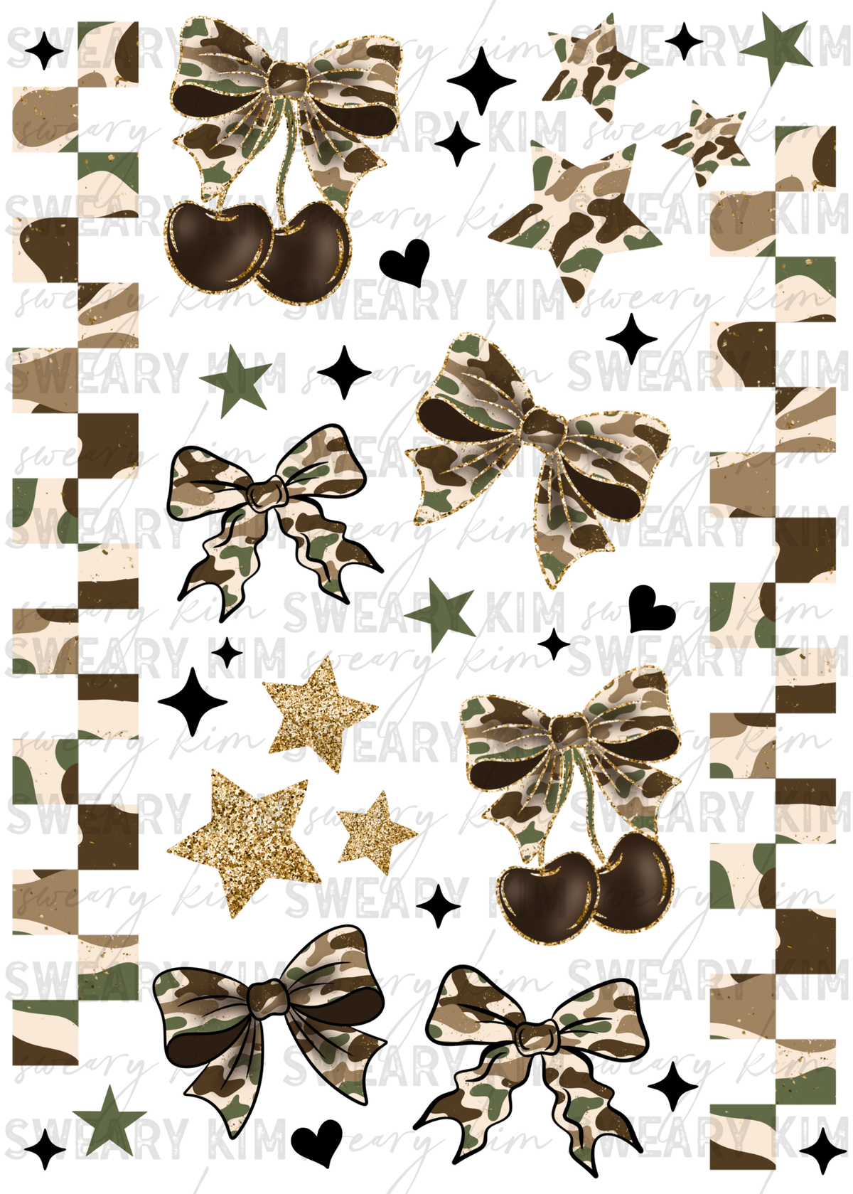 Exclusive Camo Cherries & Bows UV Dtf Element Sheet