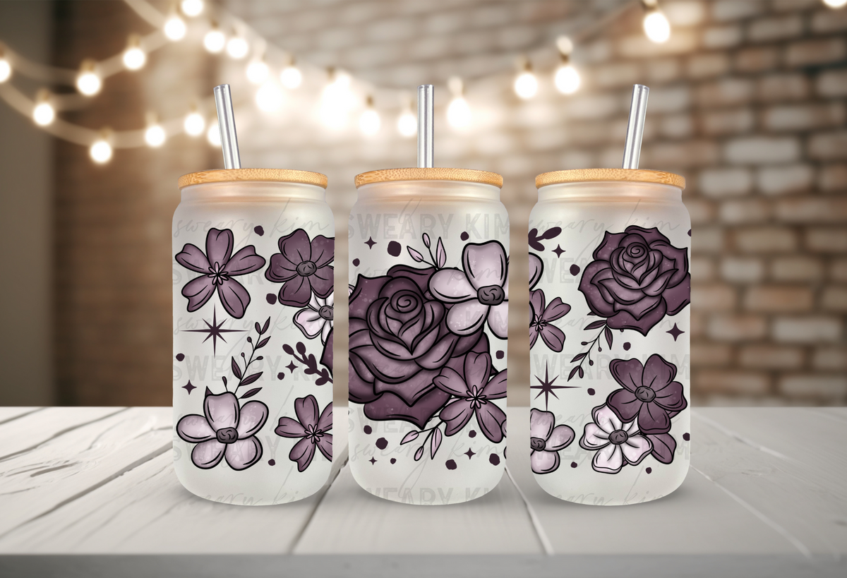 Exclusive Deep Purple Flowers UV Dtf 16oz glass can wrap