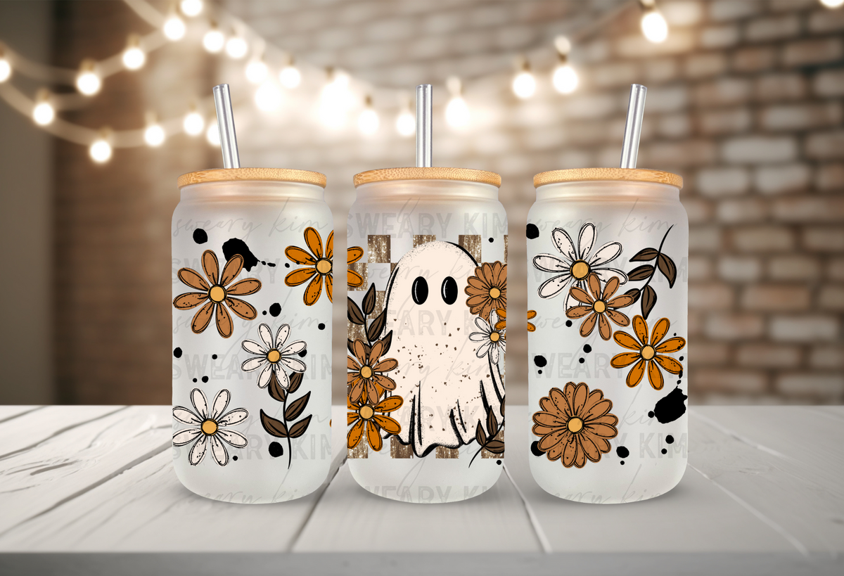 Exclusive Distressed Ghosts & Flowers UV Dtf 16oz glass can wrap