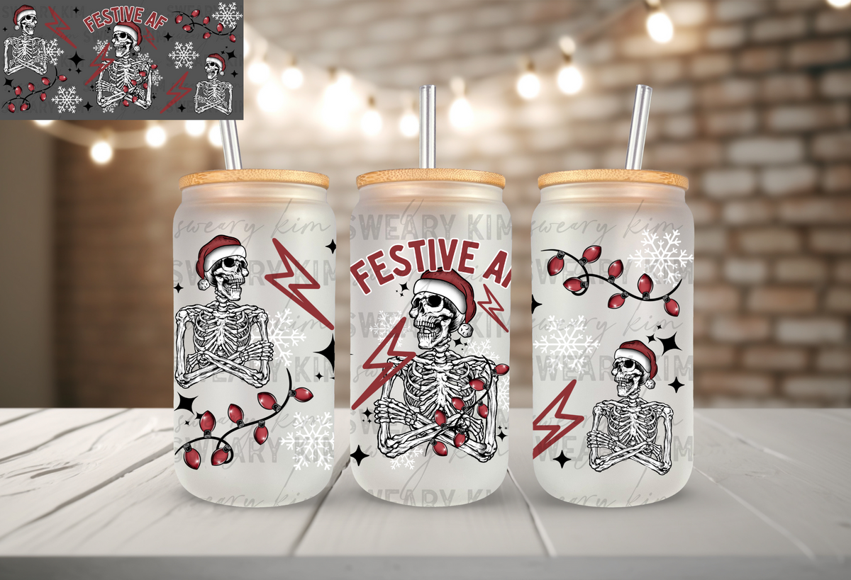 Festive AF Skellie UV Dtf 16oz glass can wrap