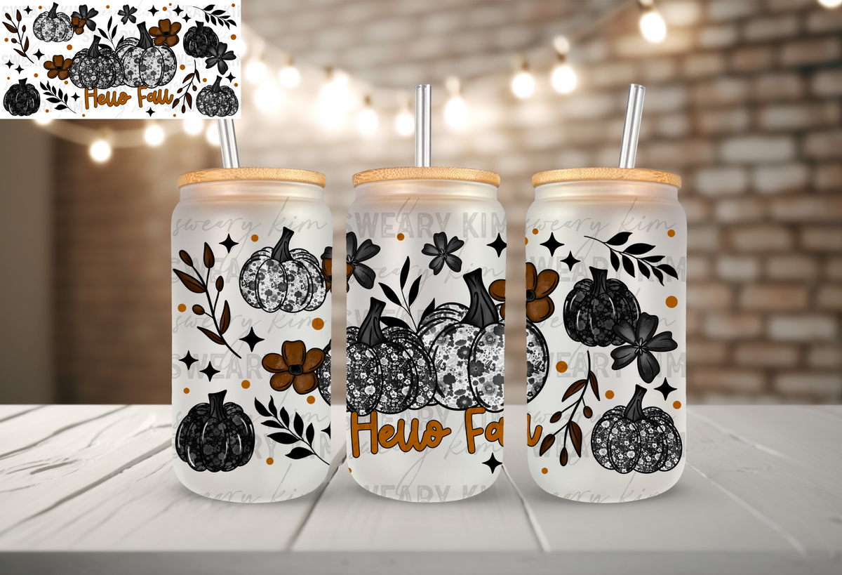 Exclusive Hello Fall Pumpkins UV Dtf 16oz glass can wrap