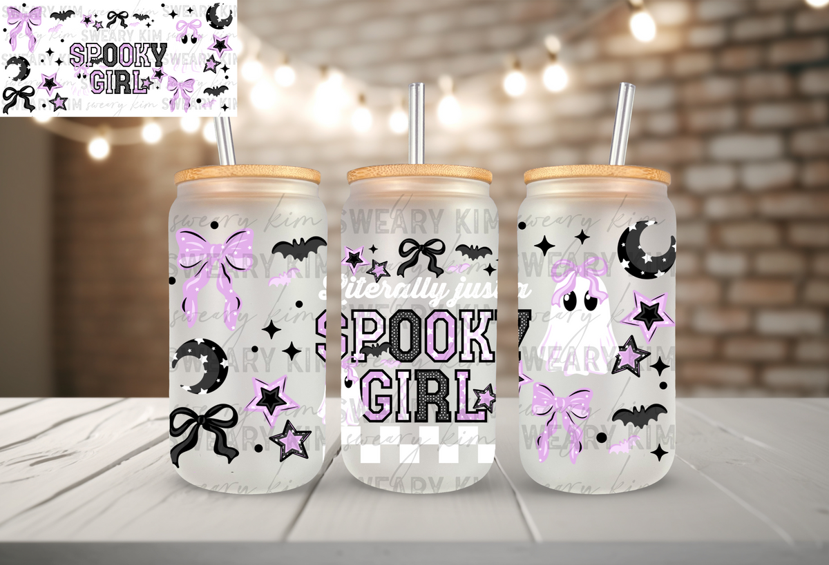 Exclusive Spooky Girl UV Dtf 16oz glass can wrap