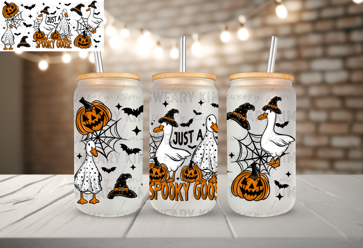 Exclusive Spooky Goose UV Dtf 16oz glass can wrap