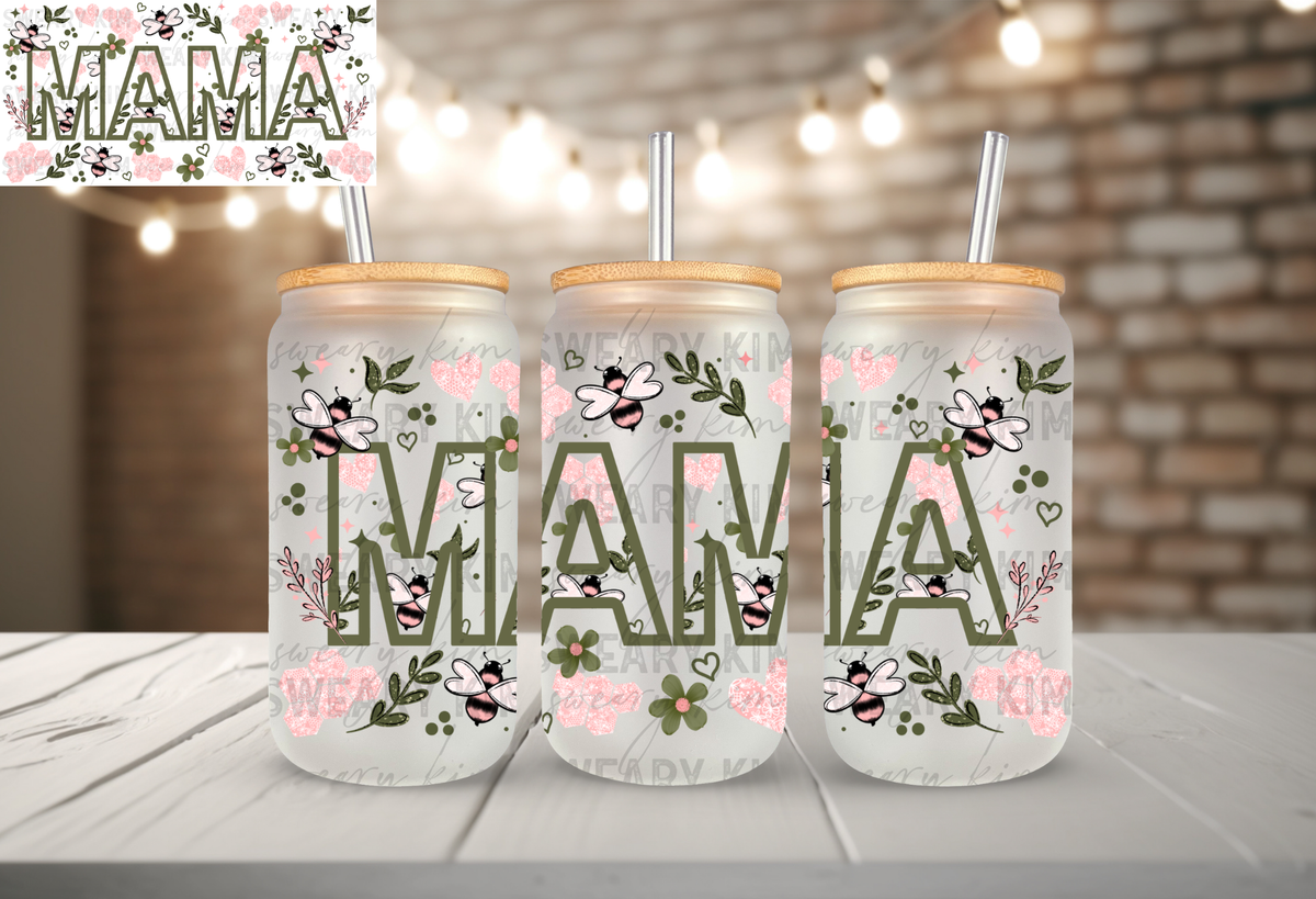 Exclusive Lace Heart Bee Mama UV Dtf 16oz glass can wrap