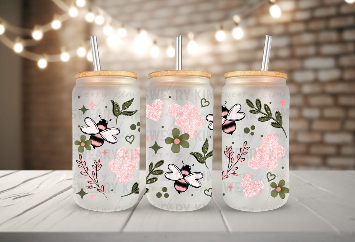 Exclusive Lace Heart Bee's UV Dtf 16oz glass can wrap