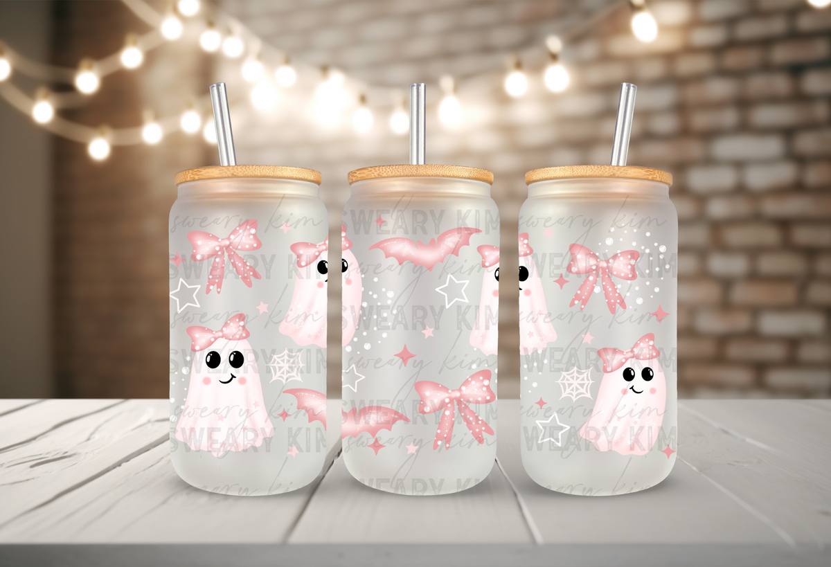 Exclusive Pink Ghosties UV Dtf 16oz glass can wrap