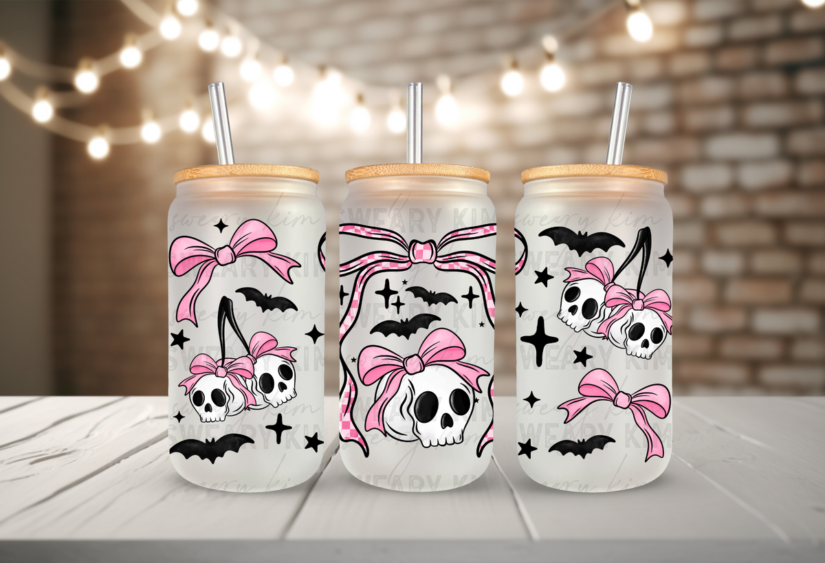 Exclusive Girly Skellie Cherries UV Dtf 16oz glass can wrap