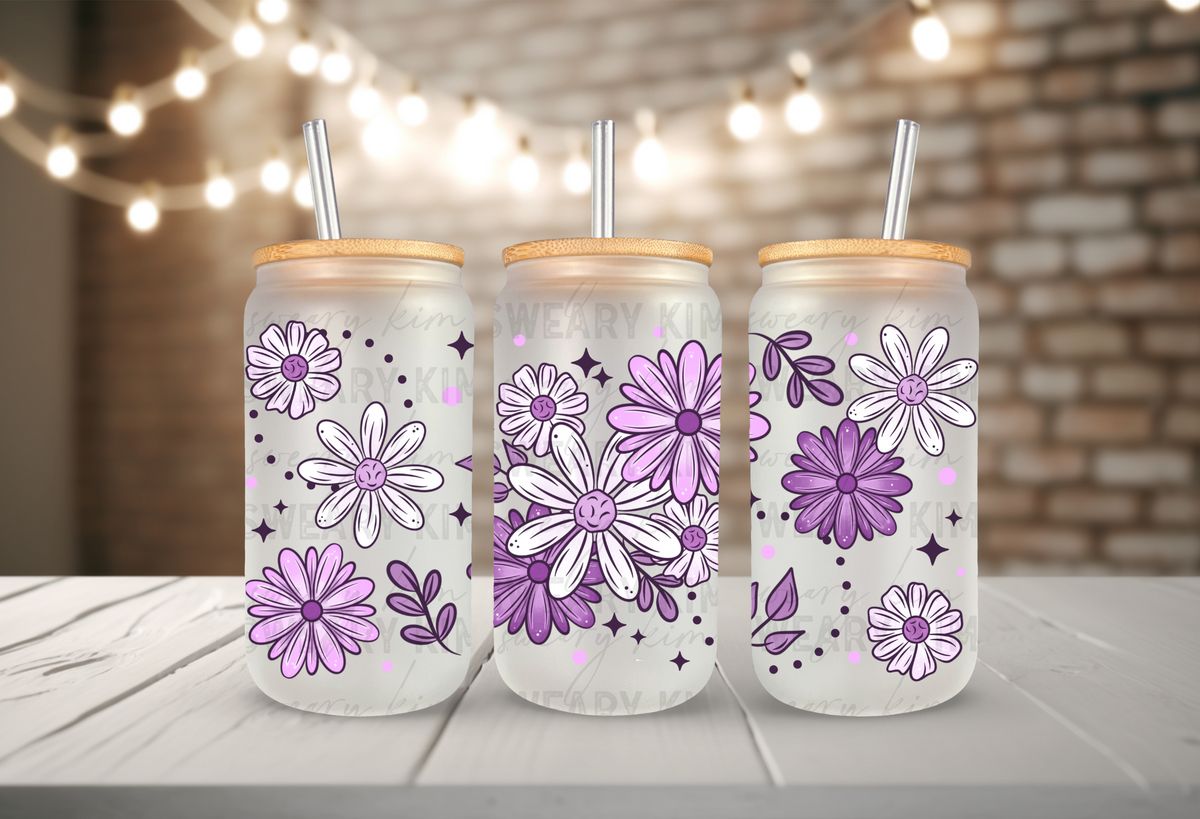 Exclusive Purple Flowers UV Dtf 16oz glass can wrap