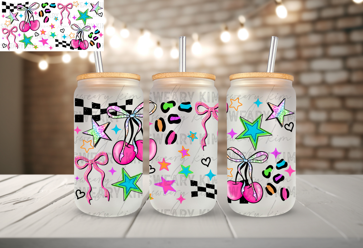 Exclusive Colorful Leopard Cherries UV Dtf 16oz glass can wrap