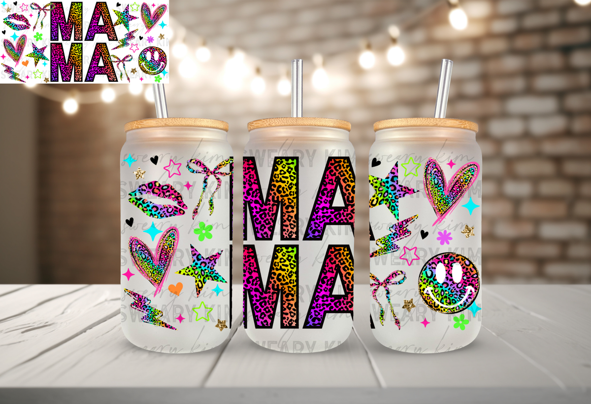 Exclusive Rainbow Leopard Mama UV Dtf 16oz glass can wrap