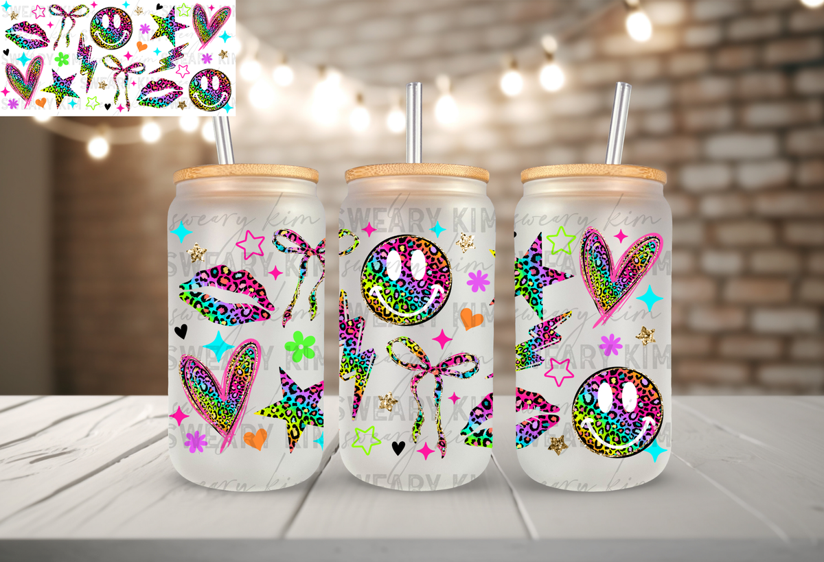 Exclusive Rainbow Leopard Doodles UV Dtf 16oz glass can wrap