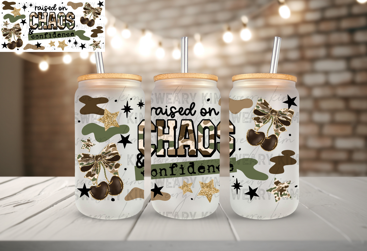 Exclusive Raised In Chaos Camo Cherries UV Dtf 16oz glass can wrap