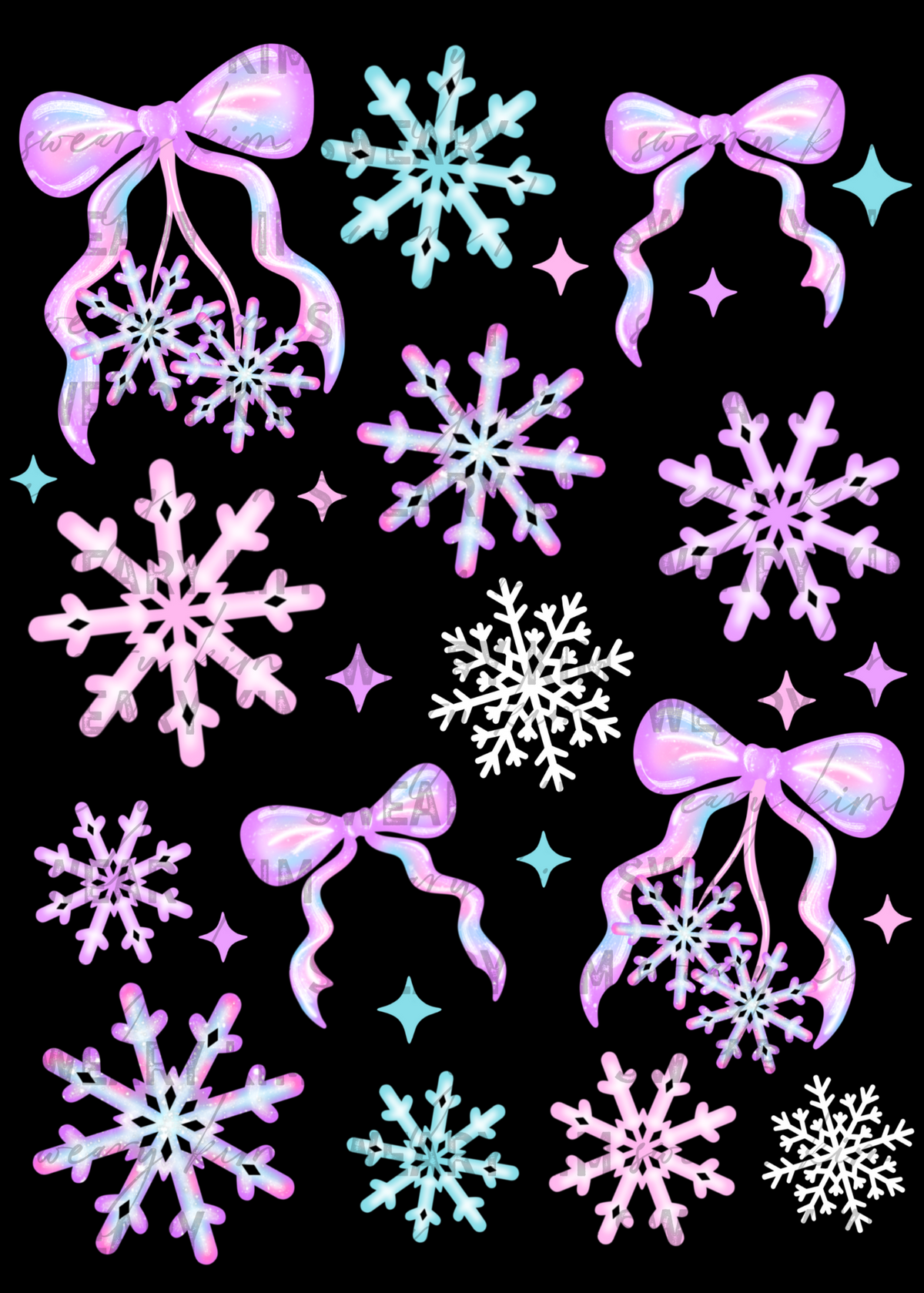Exclusive Pastel Twinkle Snowflake Cherries UV Dtf Element Sheet