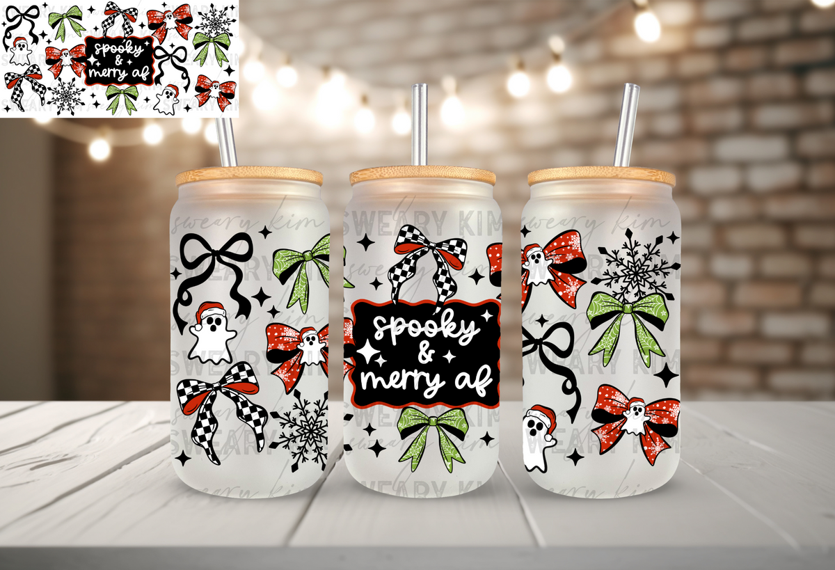 Exclusive Spooky & Merry AF UV Dtf 16oz glass can wrap