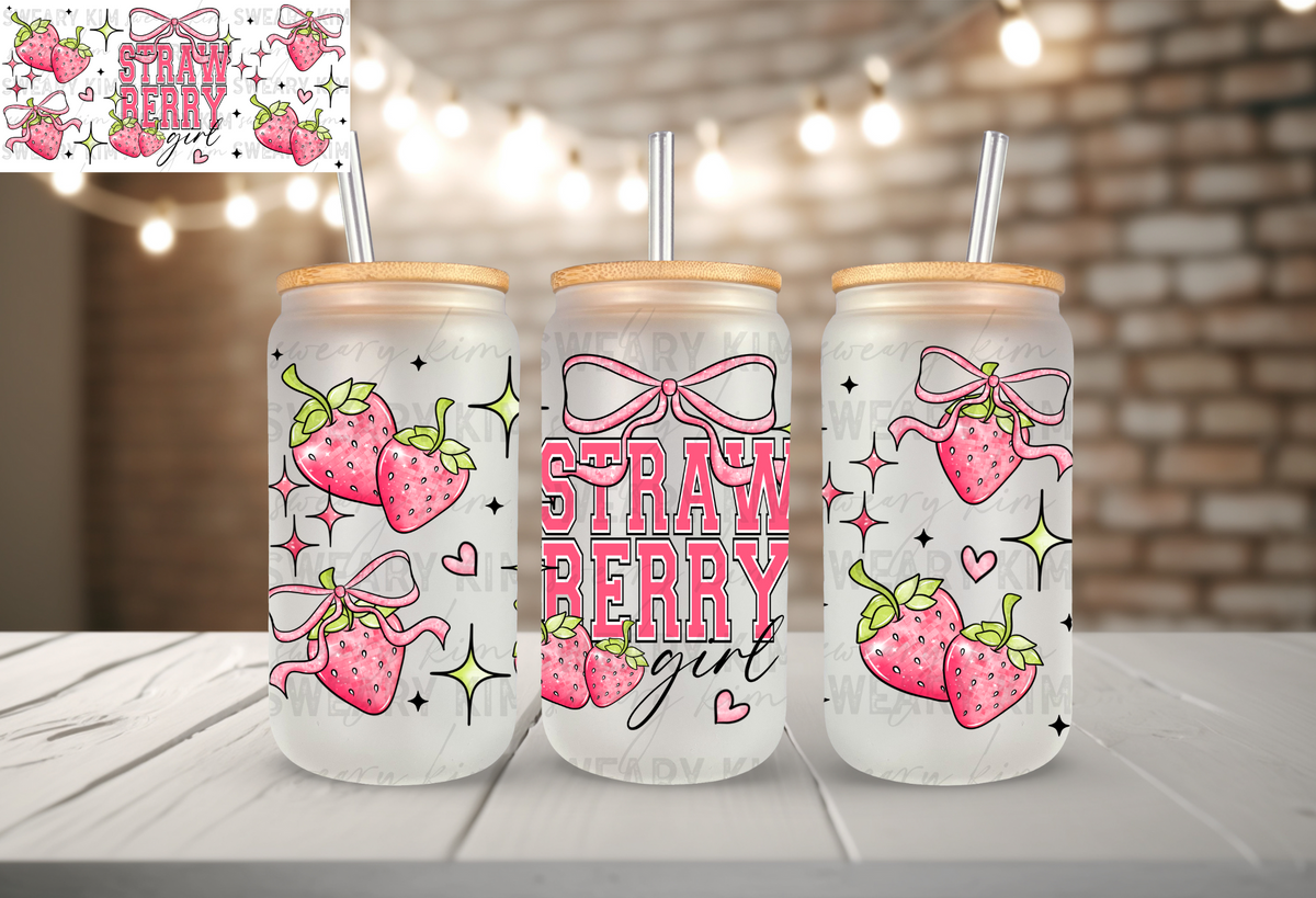 Exclusive Strawberry Girl & Bows UV Dtf 16oz glass can wrap