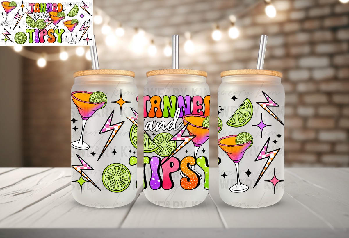 Exclusive Tanned & Tipsy UV Dtf 16oz glass can wrap