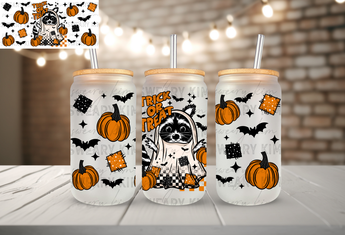Trick Or Treat Raccoon UV Dtf 16oz glass can wrap