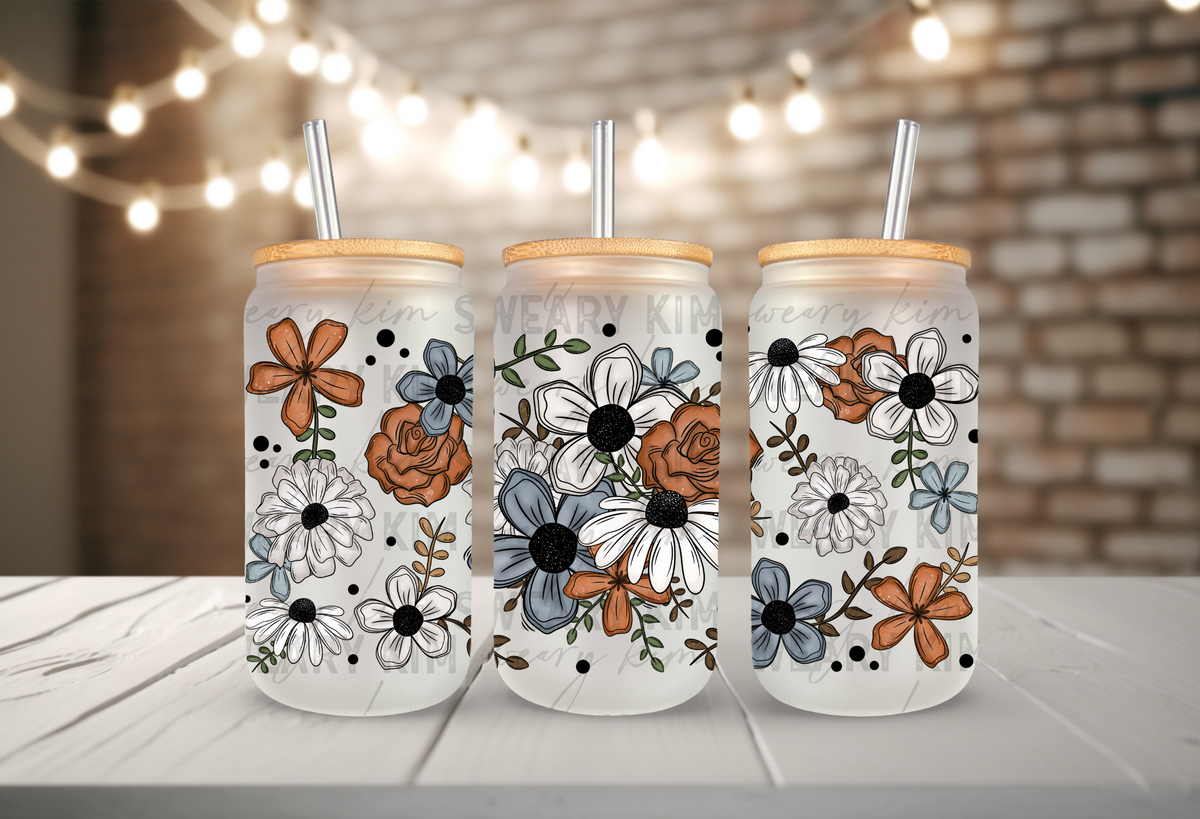 Blue & Rust Flowers UV Dtf 16oz glass can wrap