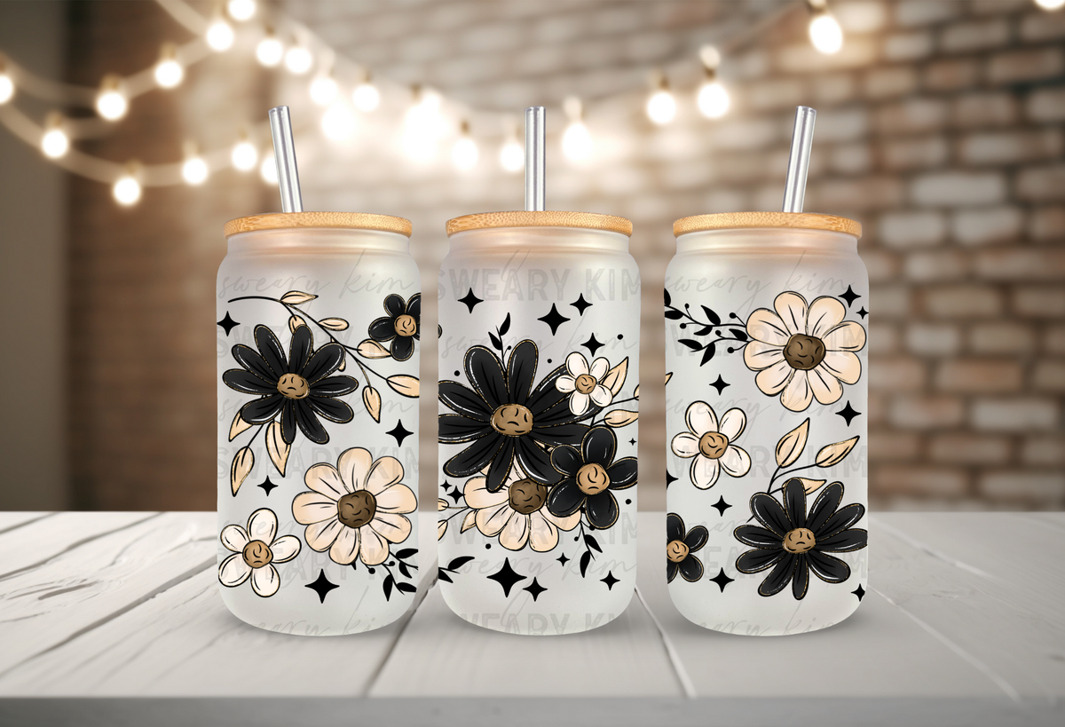 Black & Cream Flowers UV Dtf 16oz glass can wrap
