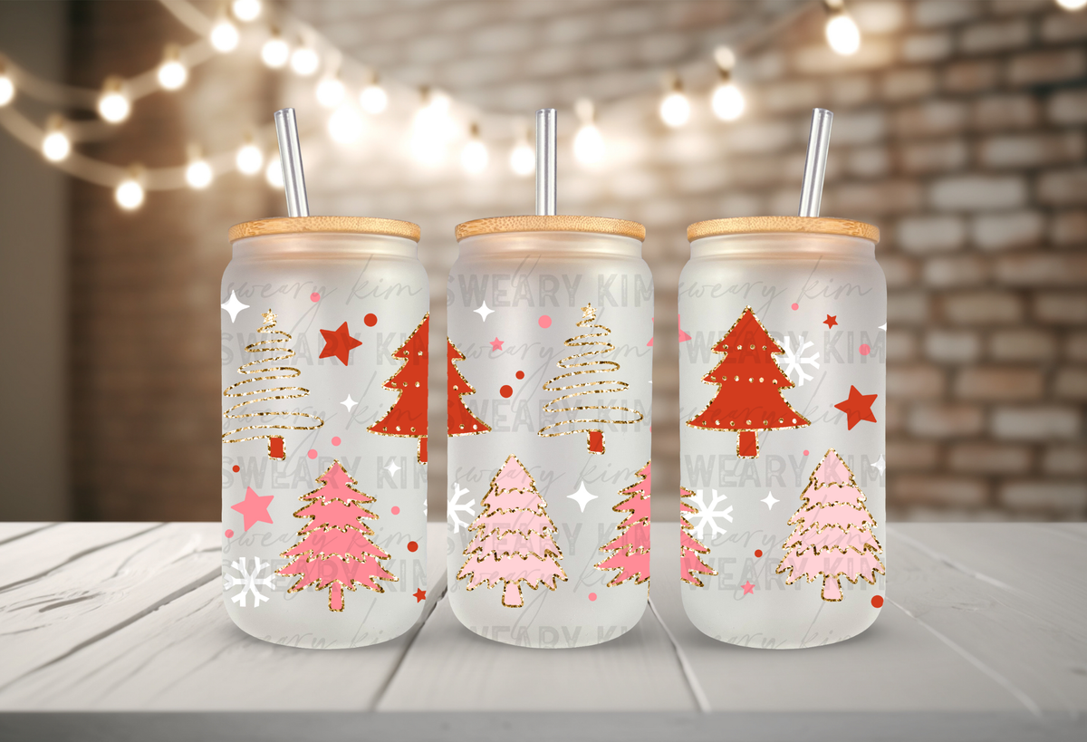 Faux Glitter Trees UV Dtf 16oz glass can wrap