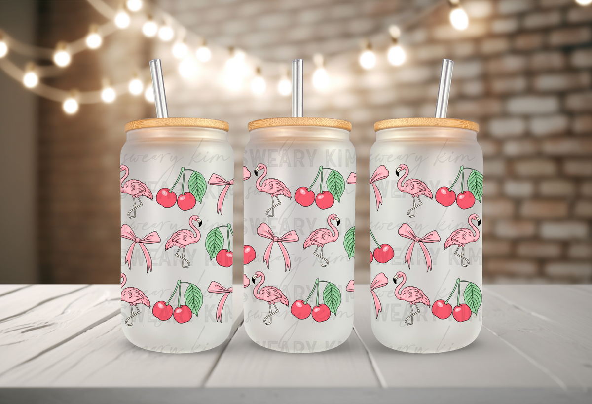 Flamingo Cherries UV Dtf 16oz glass can wrap