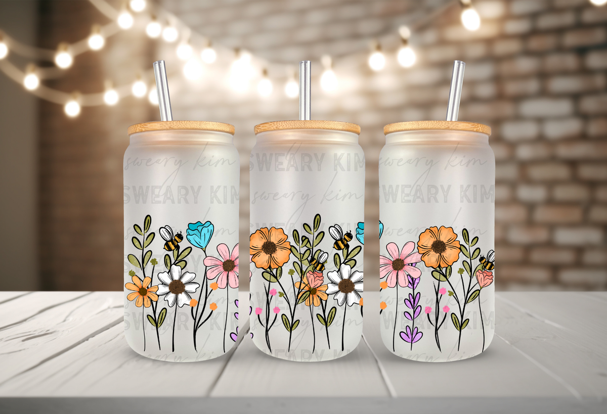 Wildflower Bee Border UV Dtf 16oz glass can wrap