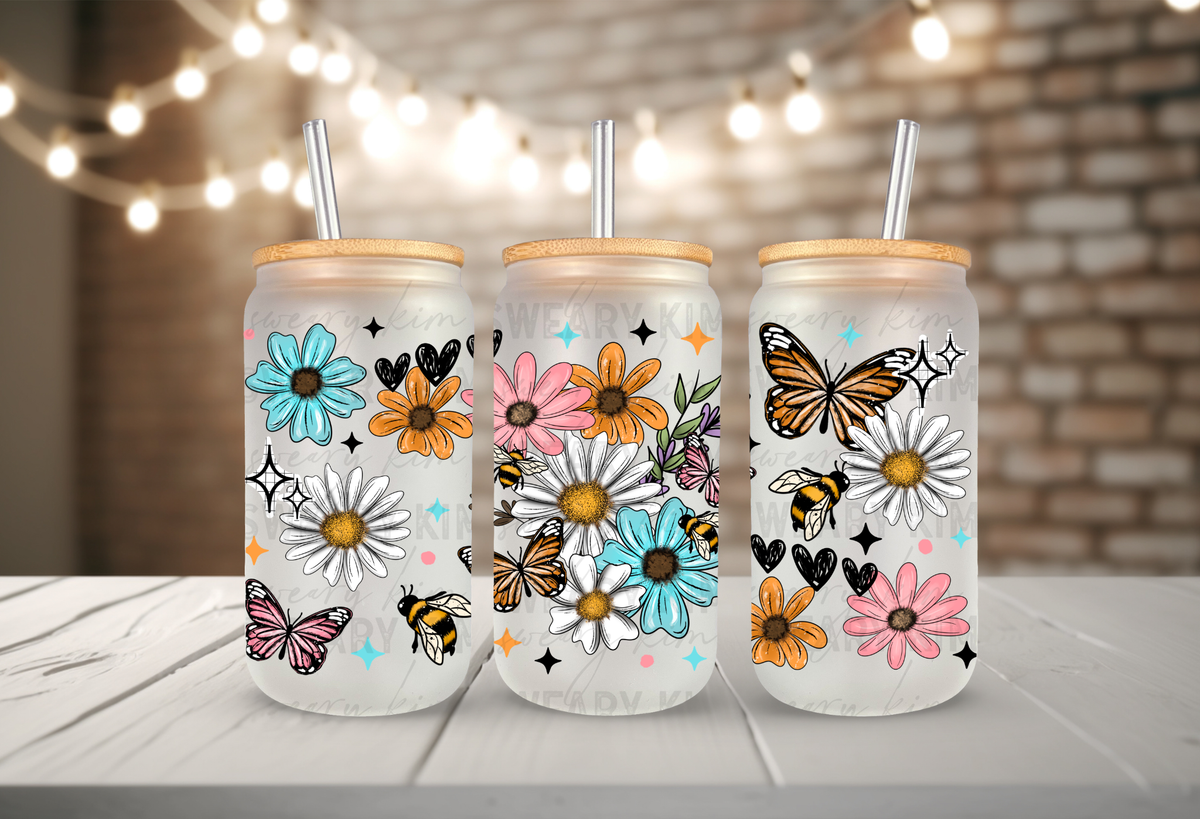 Flower Bouquet Butterflies & Bees UV Dtf 16oz glass can wrap