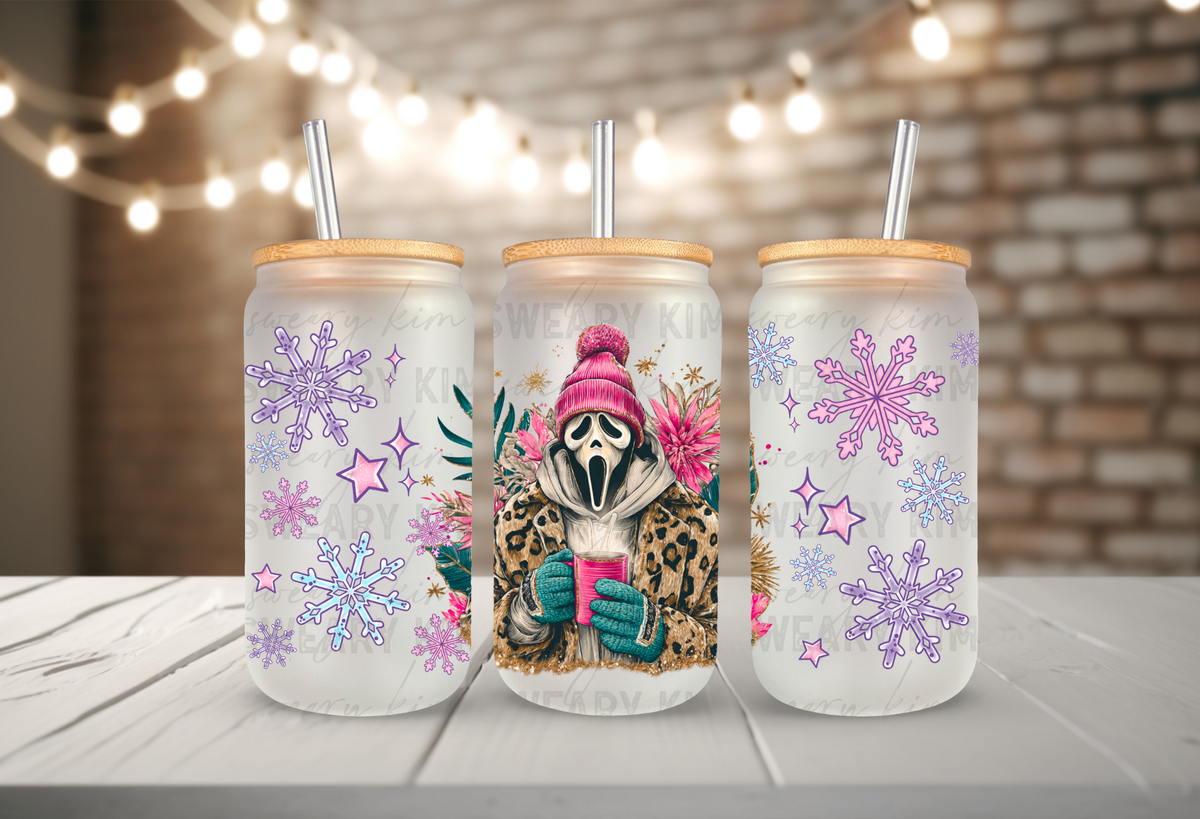 Freezing Ghostie Face UV Dtf 16oz glass can wrap