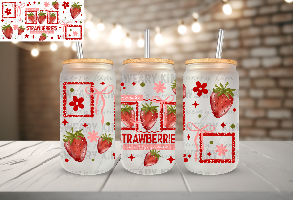 Fresh Strawberries UV Dtf 16oz glass can wrap