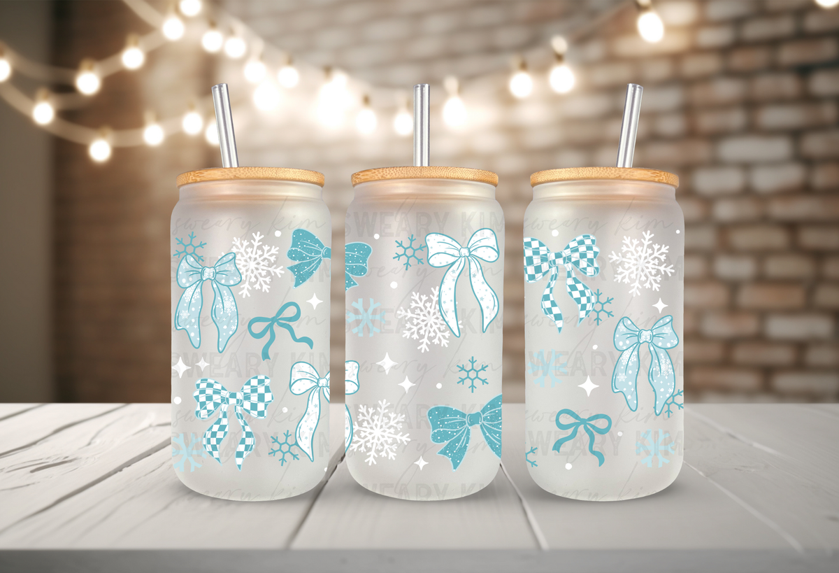 Frosty Blue Bows & Snowflakes UV Dtf 16oz glass can wrap