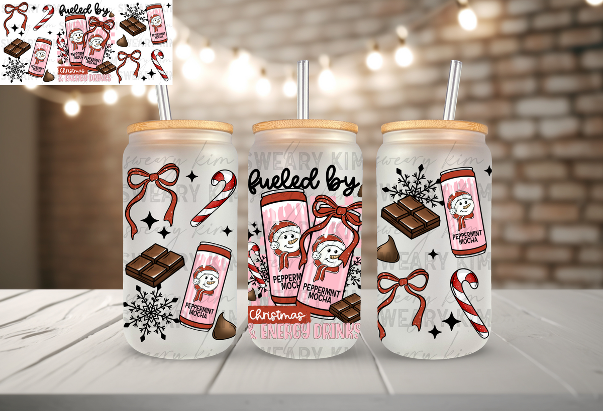 Fueled By Christmas UV Dtf 16oz glass can wrap