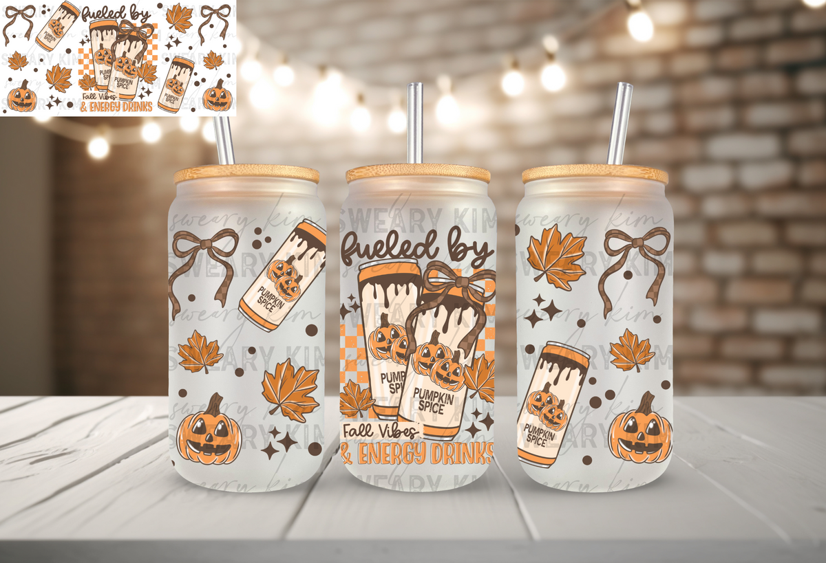 Fueled By Fall UV Dtf 16oz glass can wrap
