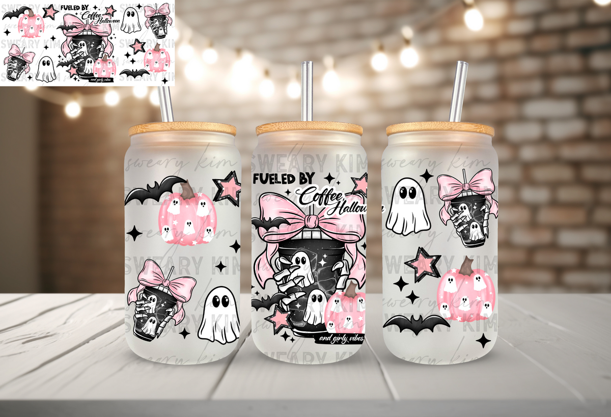 Fueled By Coffee & Halloween UV Dtf 16oz glass can wrap