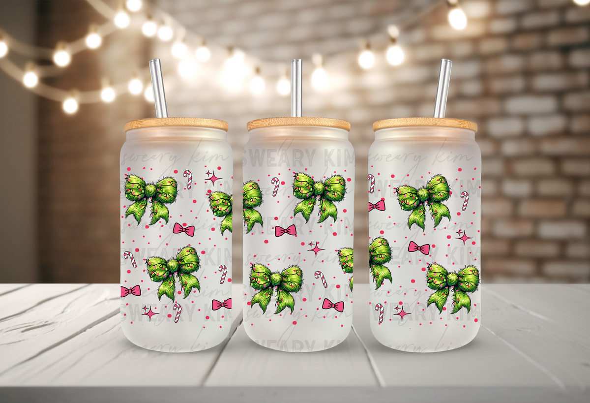 Green Man Fuzzy Bows UV Dtf 16oz glass can wrap