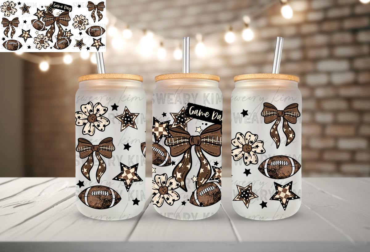 Game Day Bows & Stars UV Dtf 16oz glass can wrap