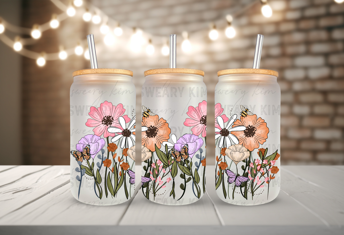 Wildflower Bee & Butterfly Border UV Dtf 16oz glass can wrap