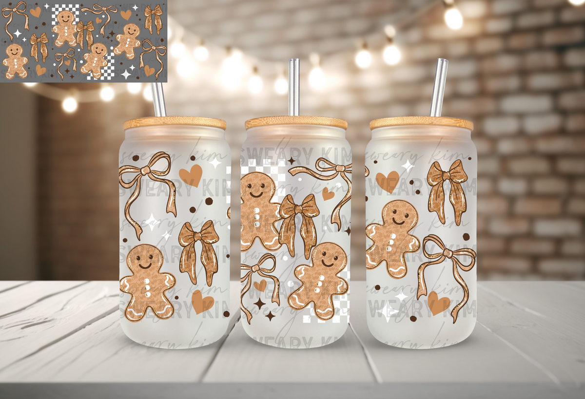 Gingerbread Bow Doodles UV Dtf 16oz glass can wrap