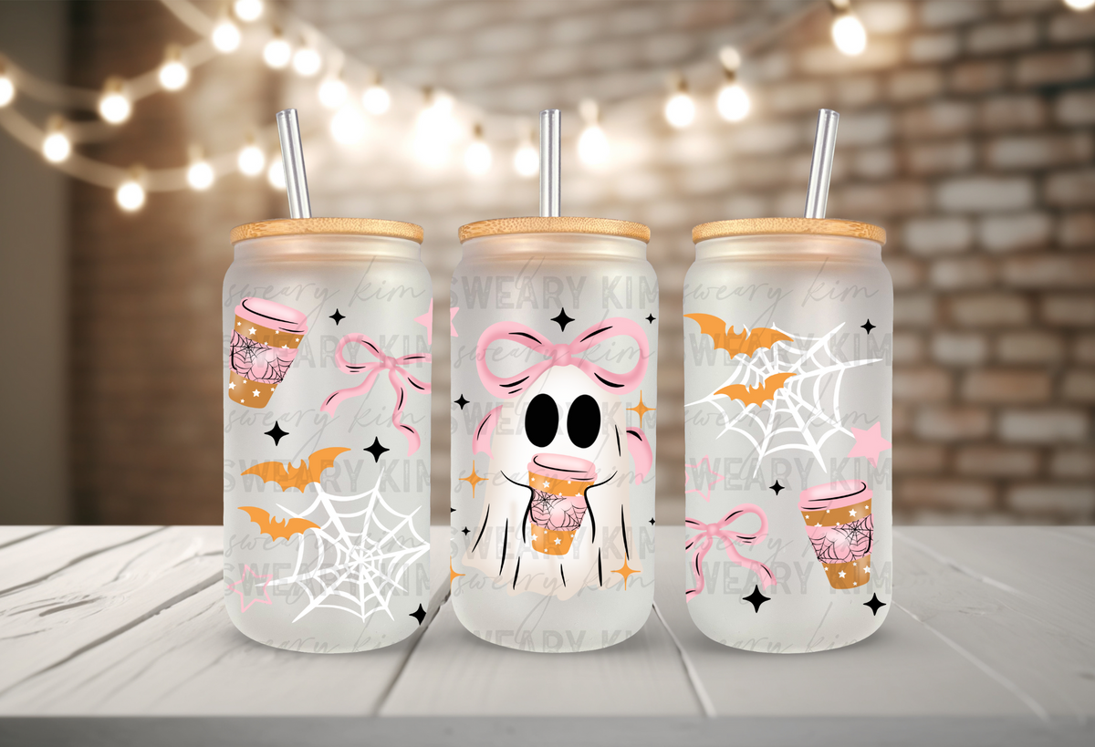 Girly Coffee Ghost UV Dtf 16oz glass can wrap